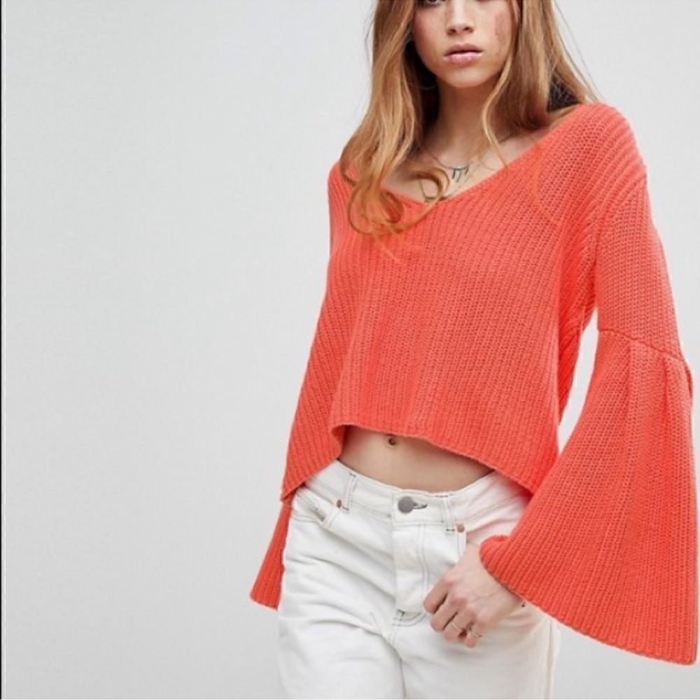 Free People Damsel Sweater Coral V Neck Bell Sleeves Cotton Ribbed Chunky Knit
